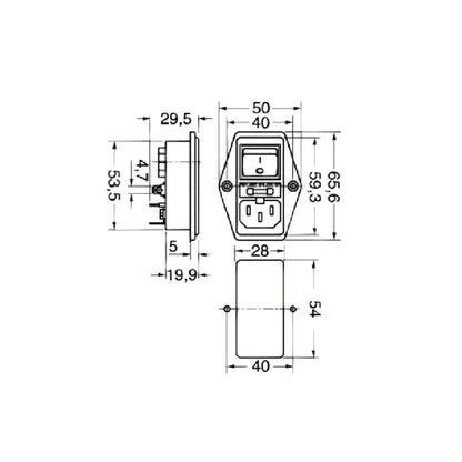 Tomada IEC de painel macho com interruptor e porta-fusível