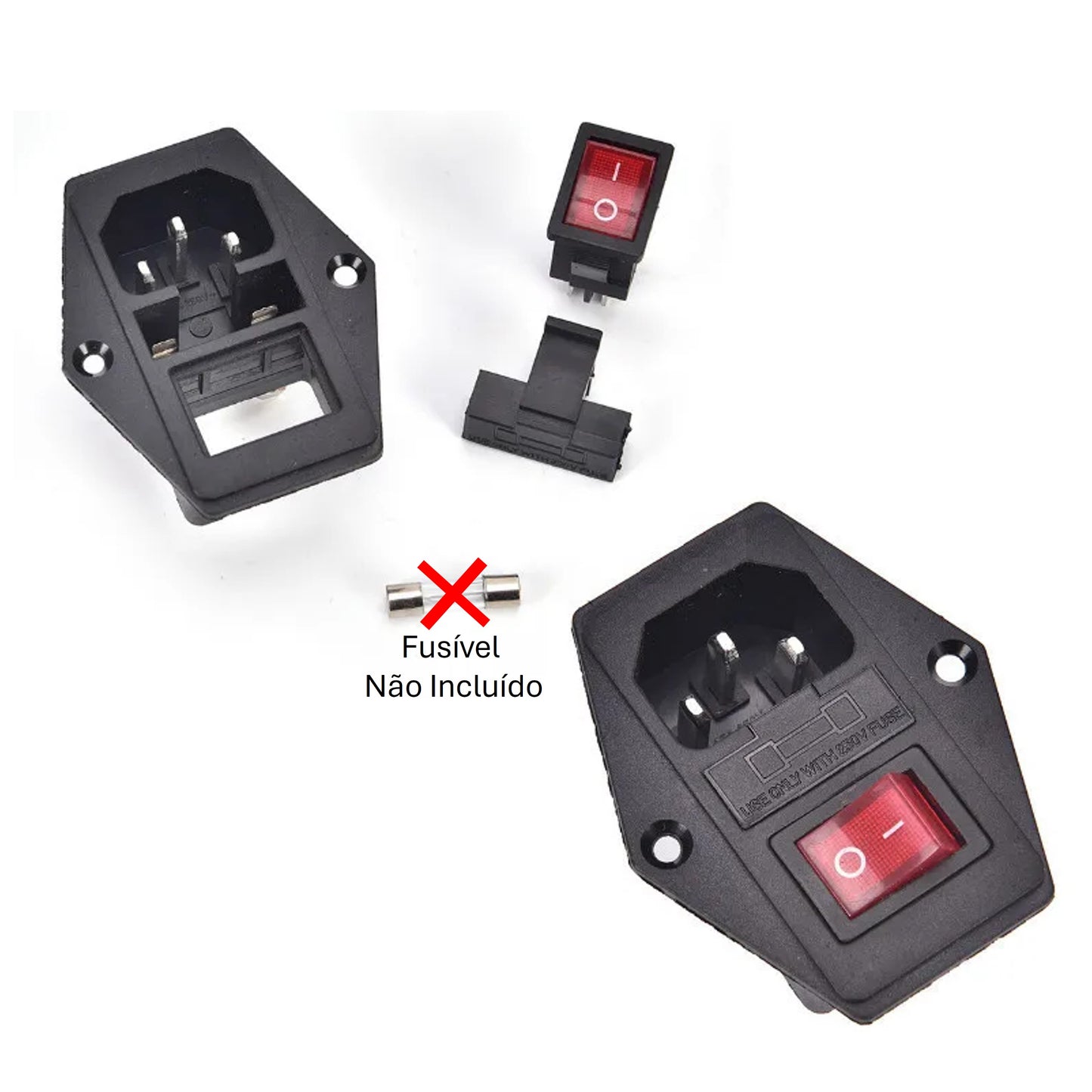 Tomada IEC de painel macho com interruptor e porta-fusível